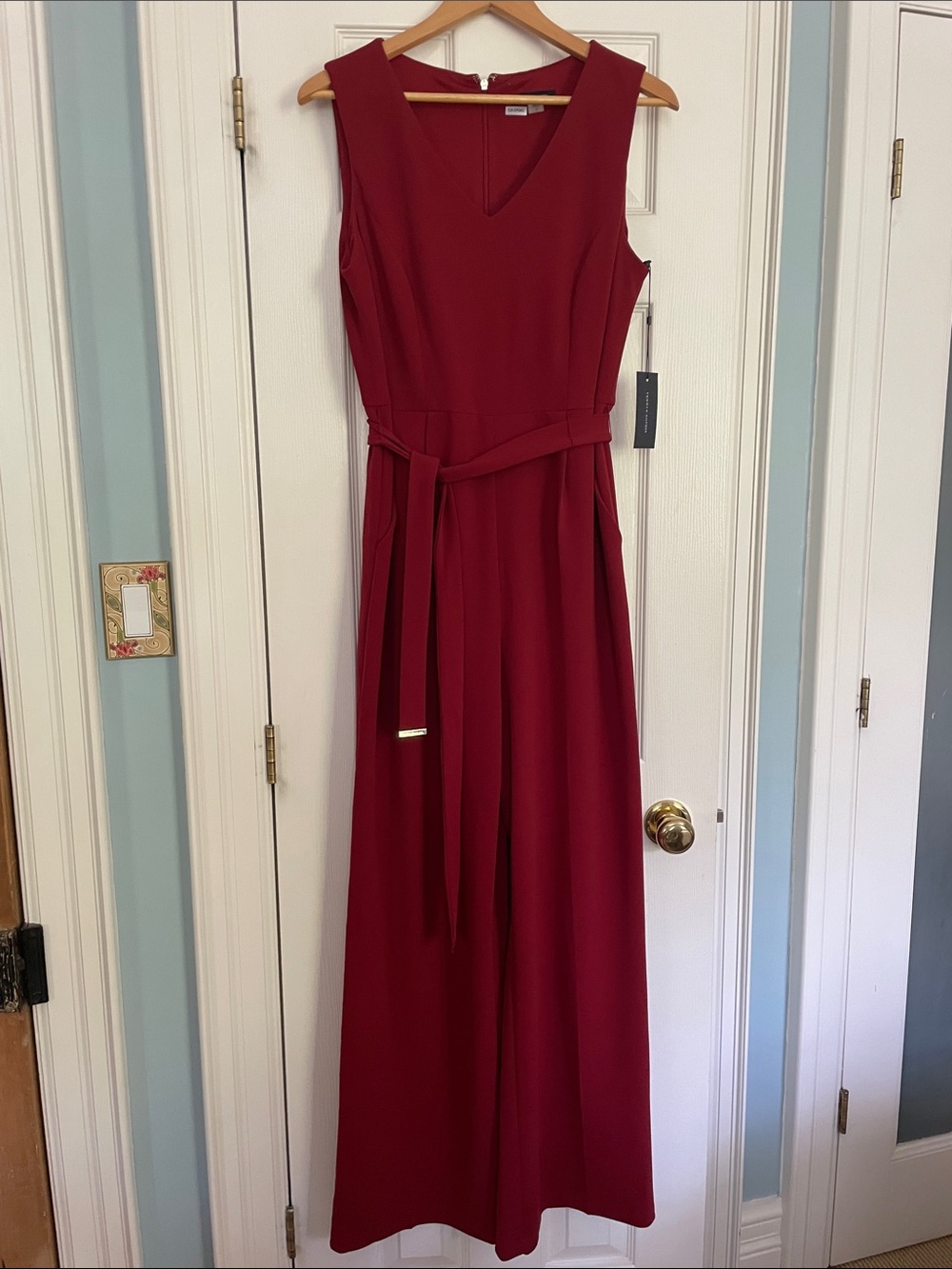 Tommy Hilfiger Sleeveless Deep Red Belted Wide-Leg Jumpsuit